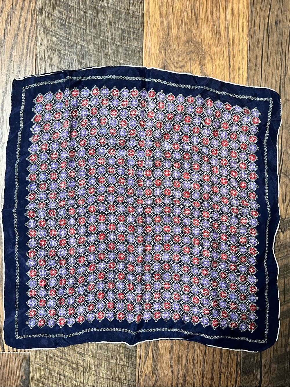 Vintage Glentex Silk Pocket Square Scarf Mod Geometric Navy Red Made in USA 16"